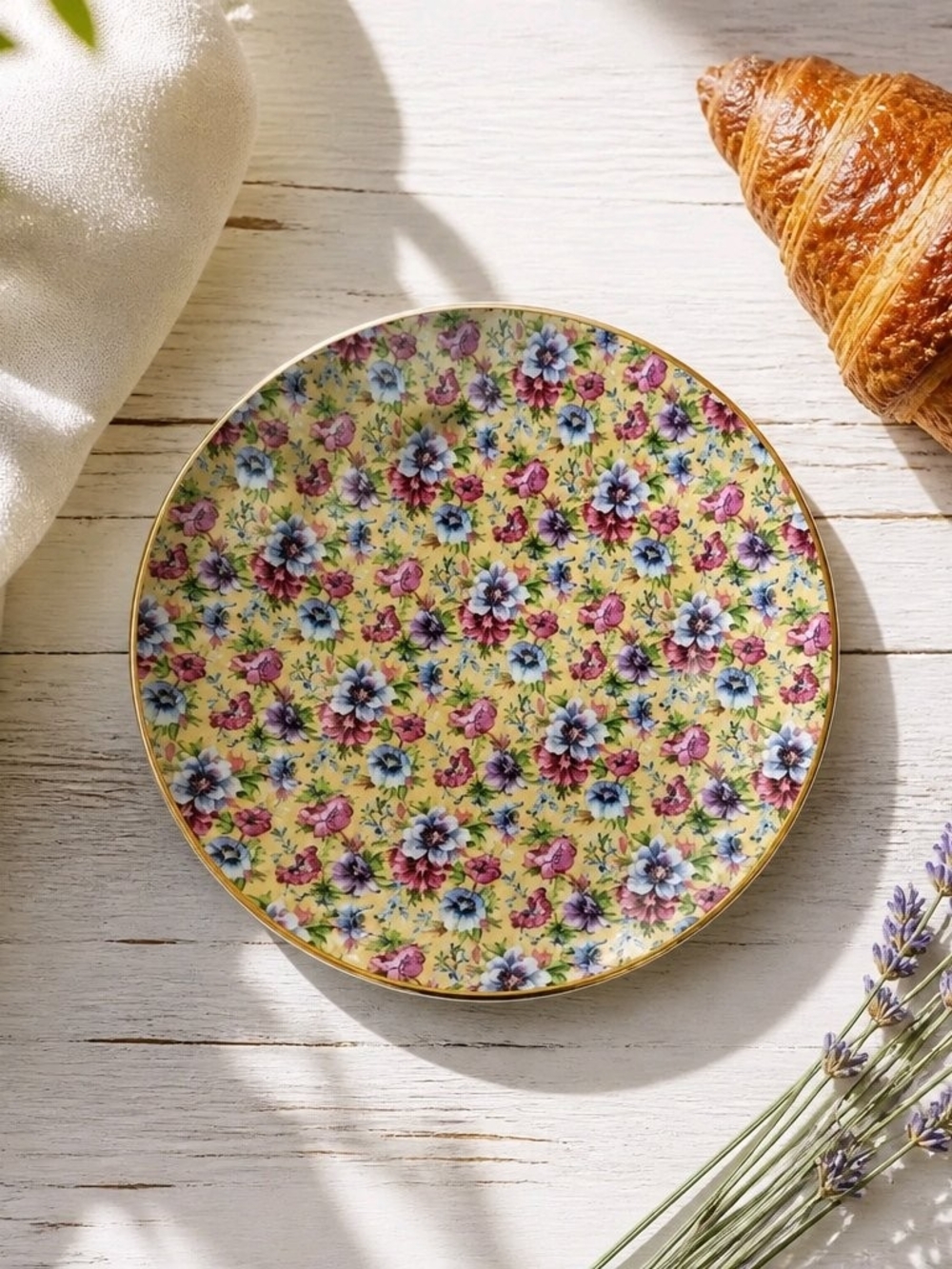Queens Chintz Yellow Floral Ceramic Dinner Plate with Gold Trim